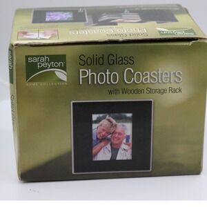 NEWSarah Peyton Solid Glass Photo Coasters w/Wooden Storage Rack Home DIY Craft